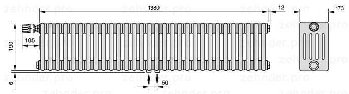 Схема (чертеж) Радиатор Zehnder Charleston 5019/30 №V007 Белый глянцевый RAL 9016